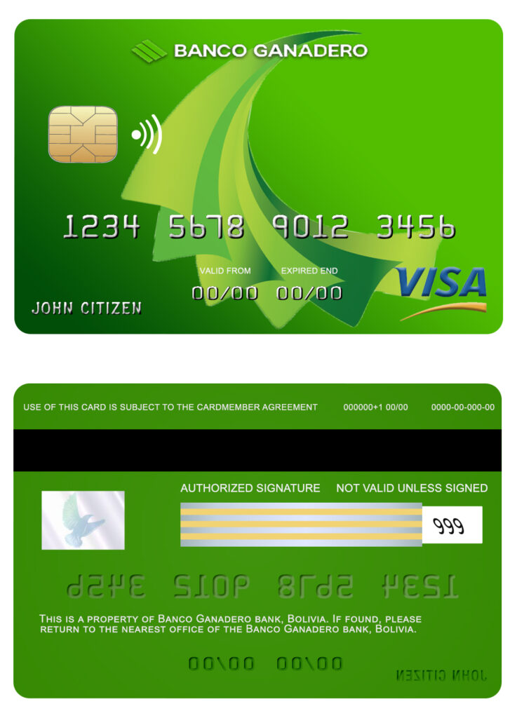 Editable Bolivia Ganadero bank visa card Templates