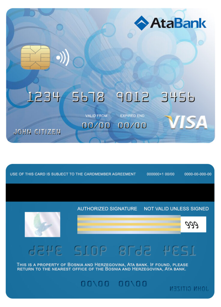 Editable Bosnia and Herzegovina Ata bank visa card Templates in PSD Format