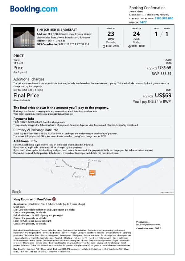 Editable Botswana Hotel Booking Form Template | Fillable PDF