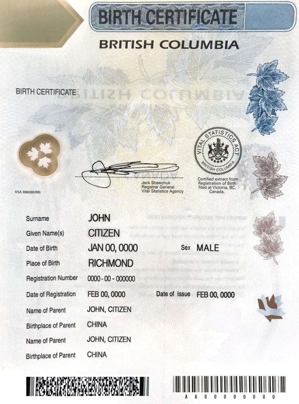 Authentic Canada British Columbia Birth Certificate Template | Customize and Download Online