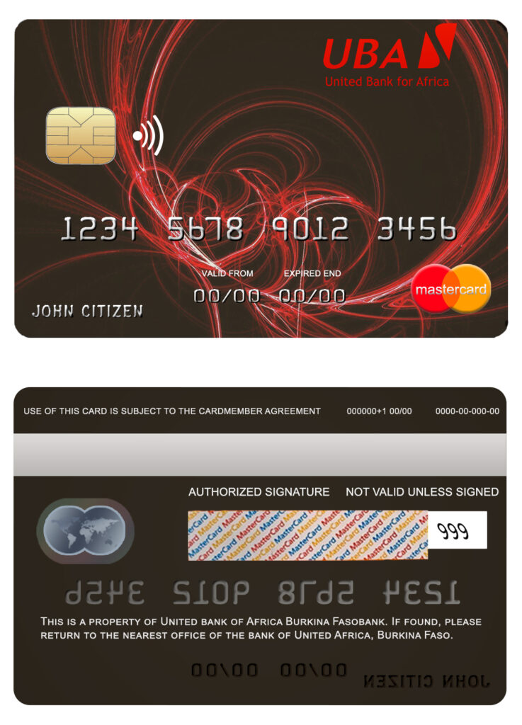 Fillable Burkina Faso United bank for Africa mastercard credit card Templates
