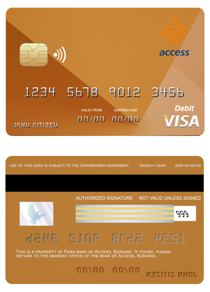 Editable Burundi Access bank visa credit card Templates