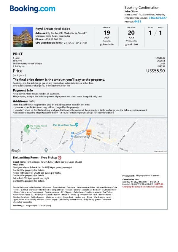 Editable Cambodia Hotel Booking Form Template | Fillable PDF