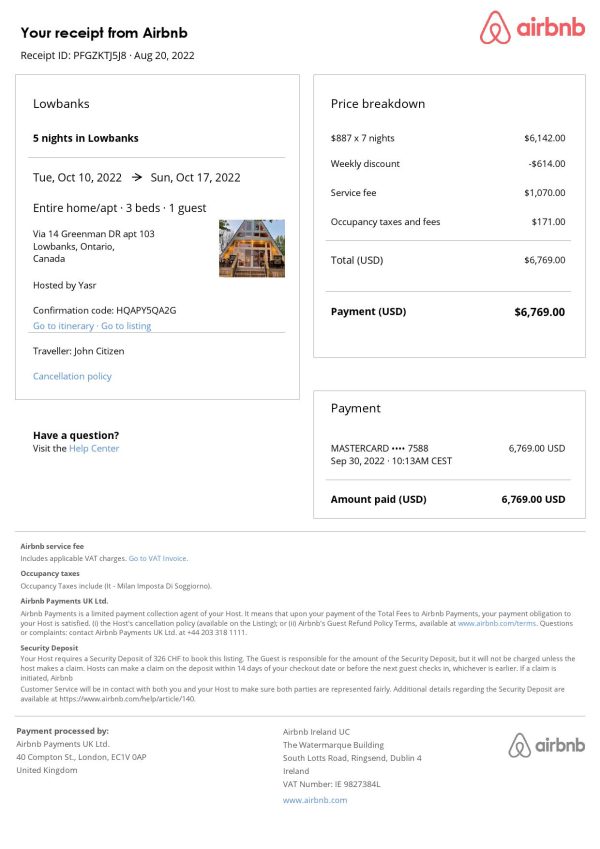Canada Airbnb booking confirmation Word and PDF template