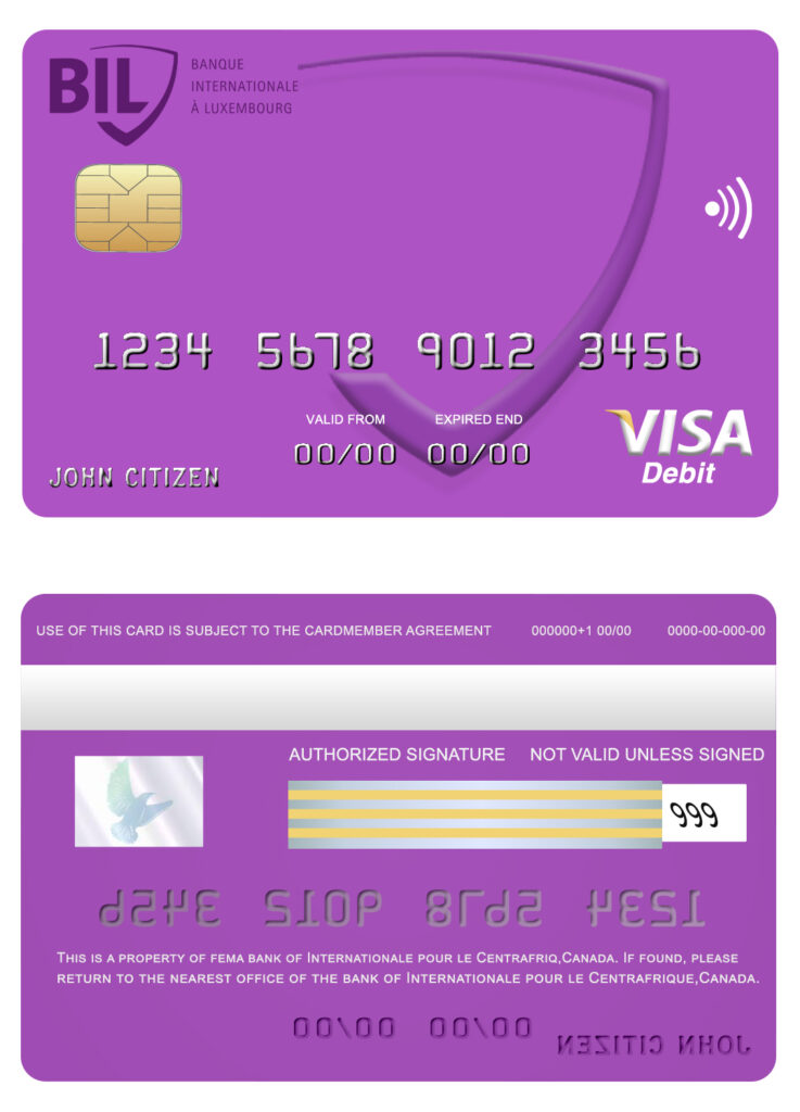 Editable Canada Internationale pour le Centrafrique bank visa card Templates in PSD Format