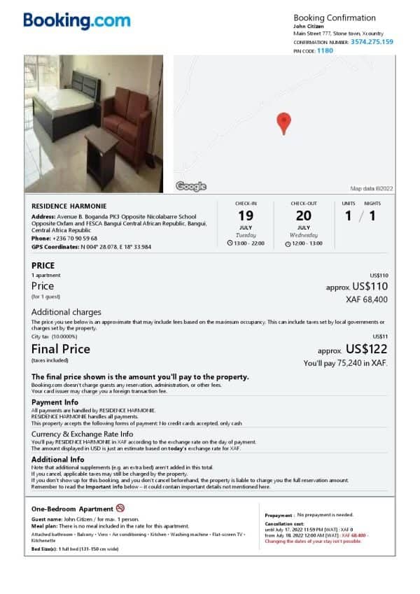 Editable Central African Republic Hotel Booking Form Template | Fillable PDF