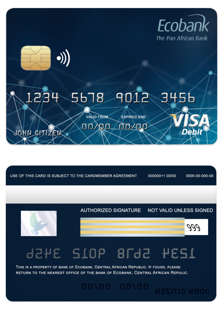 Editable Central African Republic Ecobank visa card Templates in PSD Format