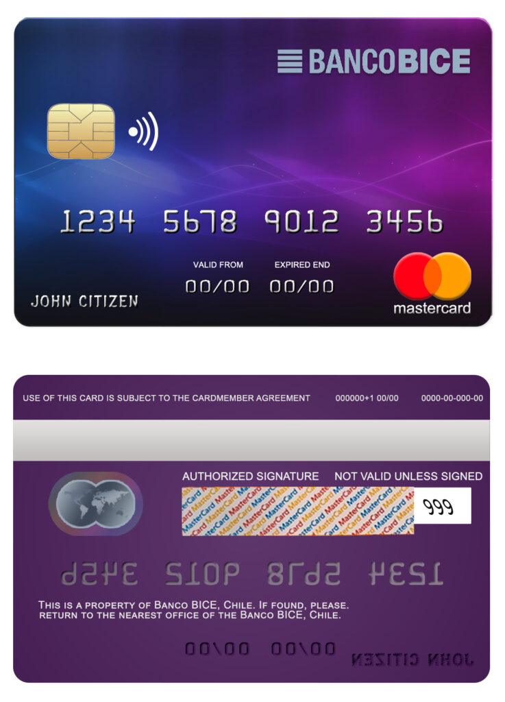 Editable Chile BICE bank mastercard credit card Templates in PSD Format