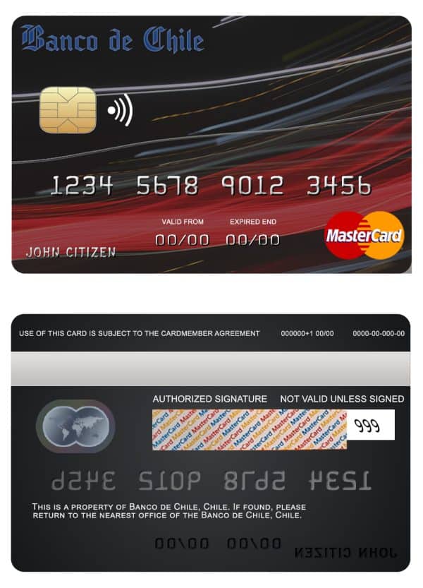 Editable Chile Banco de Chile bank mastercard Templates in PSD Format