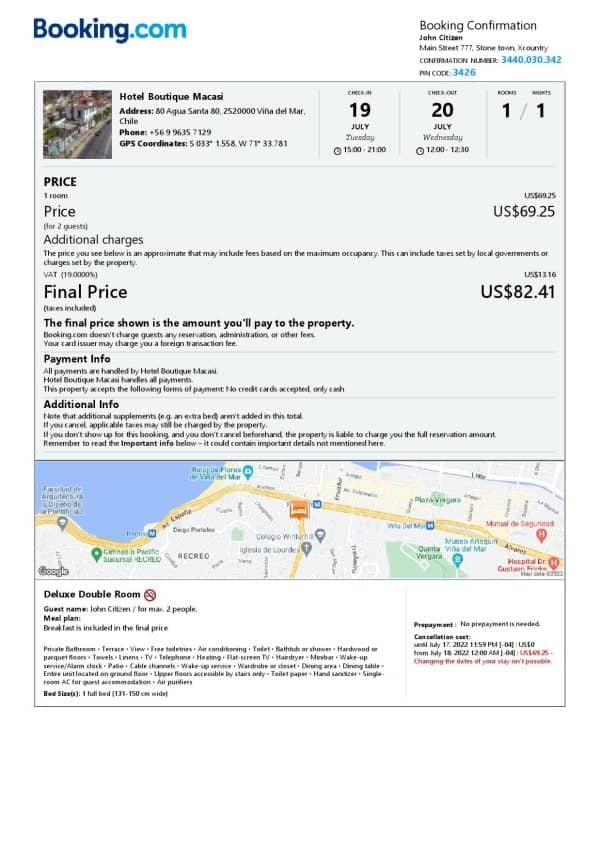 Editable Chile Hotel Booking Form Template | Fillable PDF