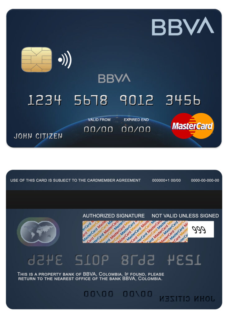 Editable Colombia BBVA bank mastercard credit card Templates