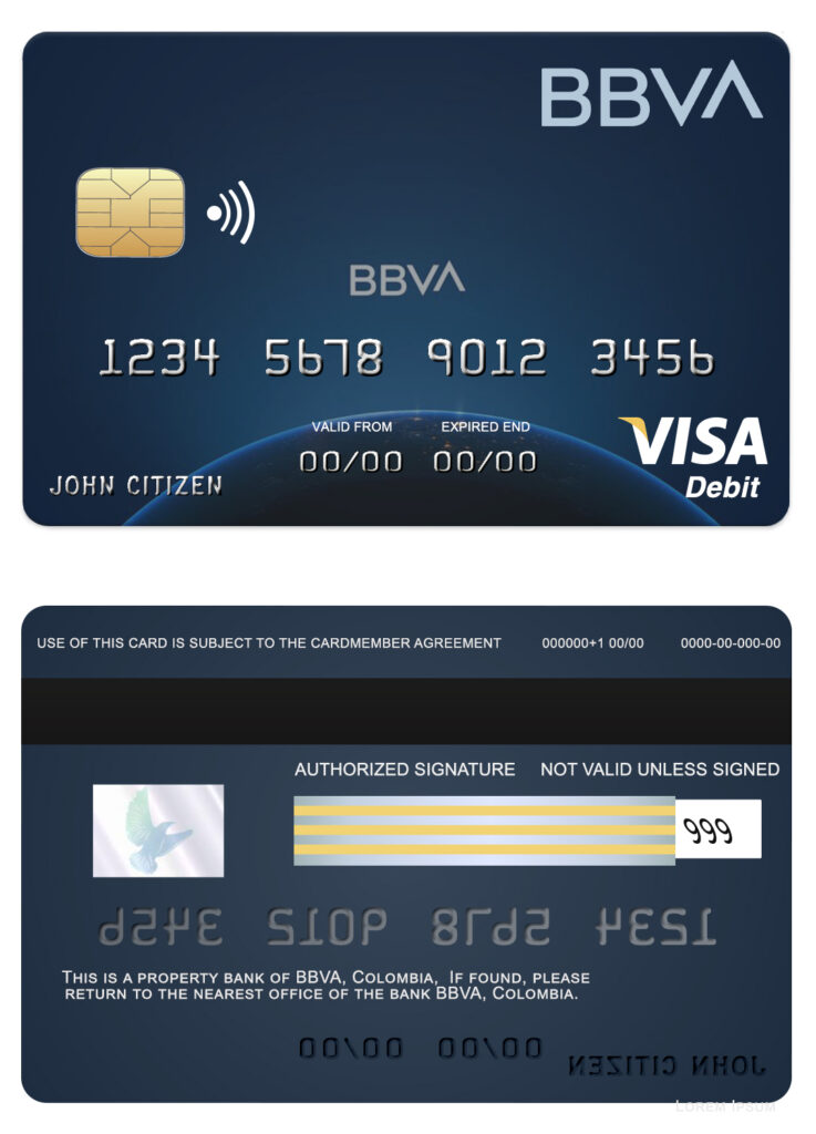 Fillable Colombia BBVA bank visa debit card Templates | Layer-Based PSD