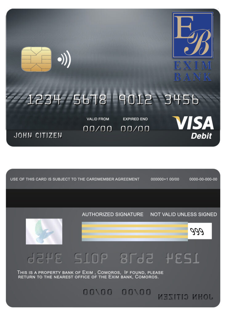 Editable Comoros Exim bank visa debit card Templates