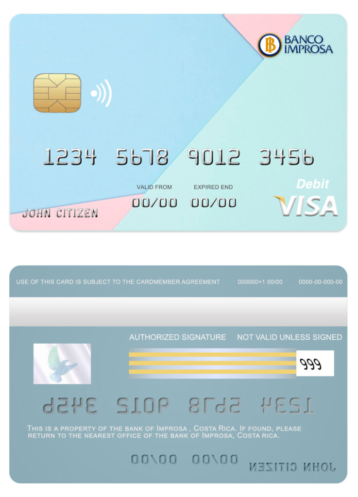 Editable Costa Rica Improsa bank visa credit card Templates