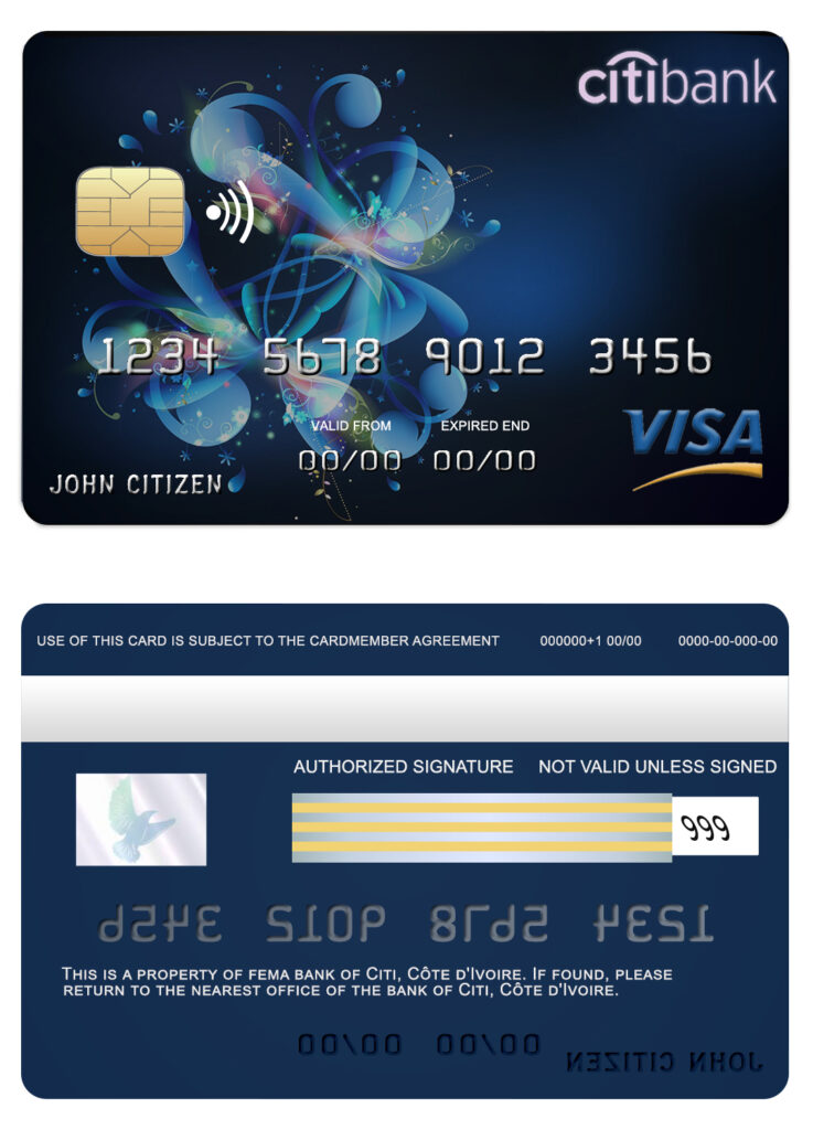 Editable Côte d’Ivoire Citi bank visa credit card Templates in PSD Format