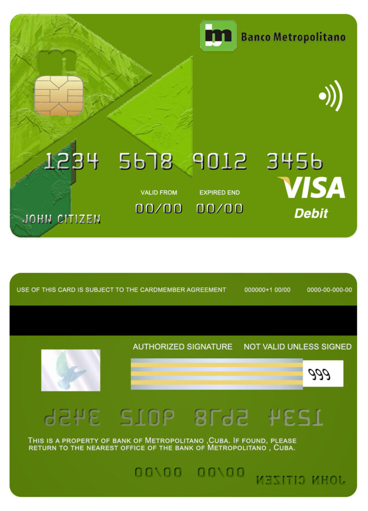 Editable Cuba Metropolitan bank visa credit card Templates