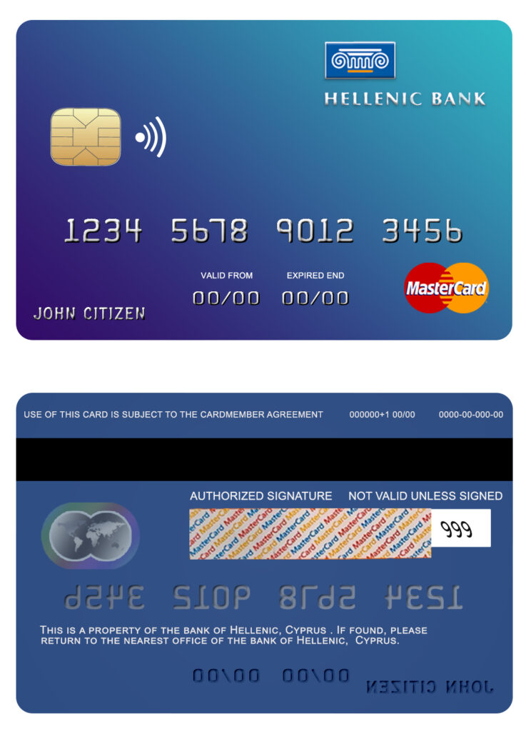 Editable Cyprus Hellenic bank mastercard credit card Templates