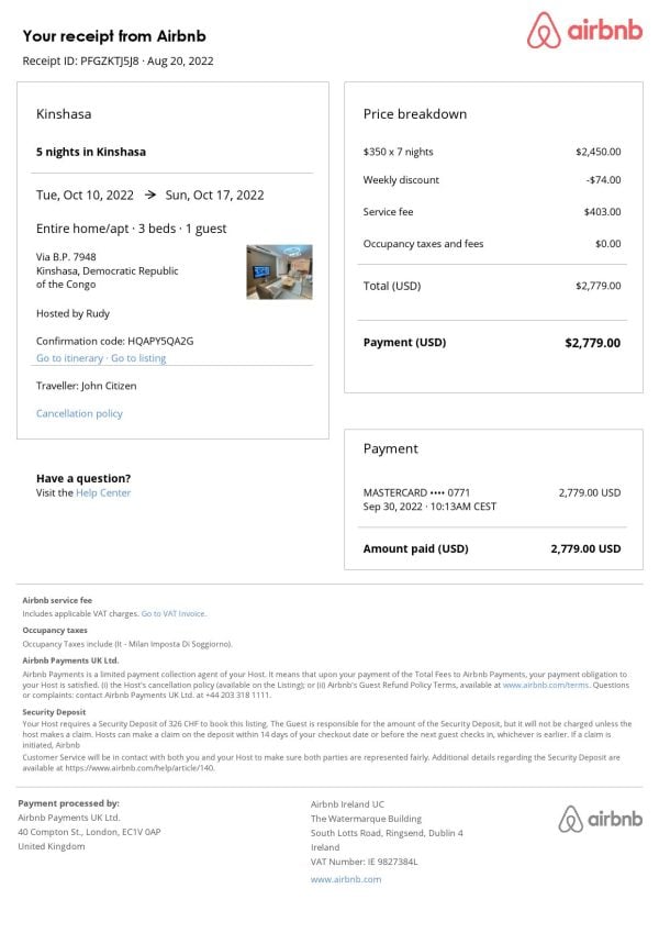 Editable Democratic Republic of the Congo Hotel Booking Form Template | Fillable PDF