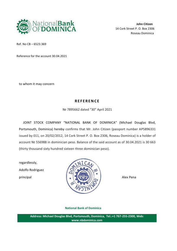 Download Dominica National Bank of Dominica Bank Reference Letter Templates | Editable Word