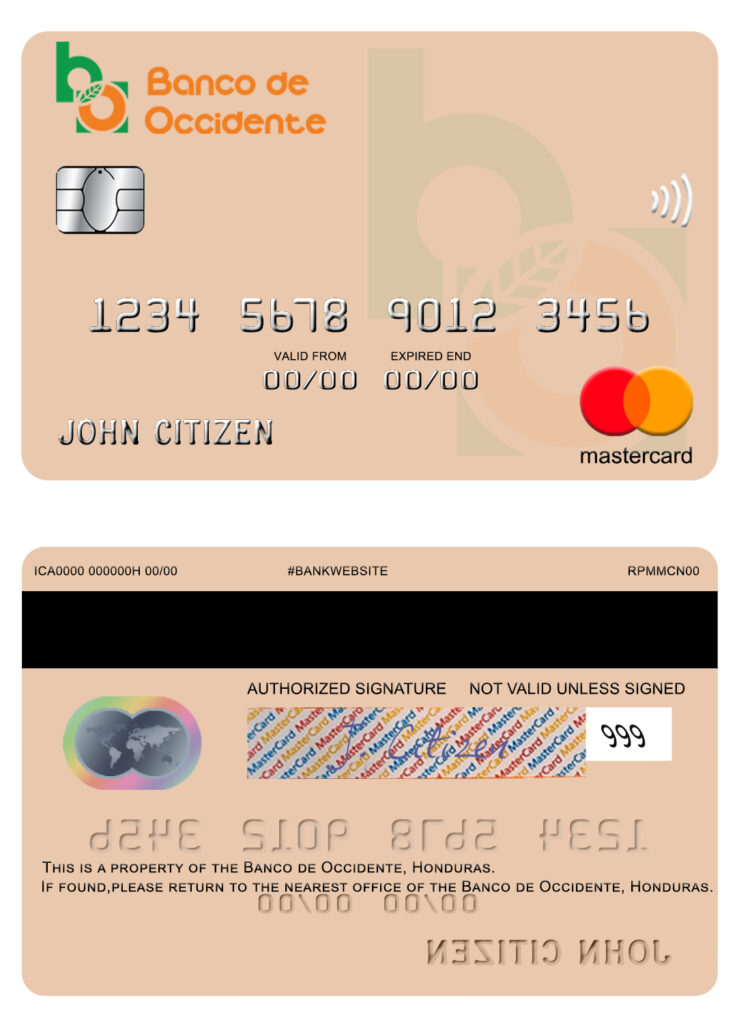 Editable Honduras Banco de Occidente mastercard Templates in PSD Format