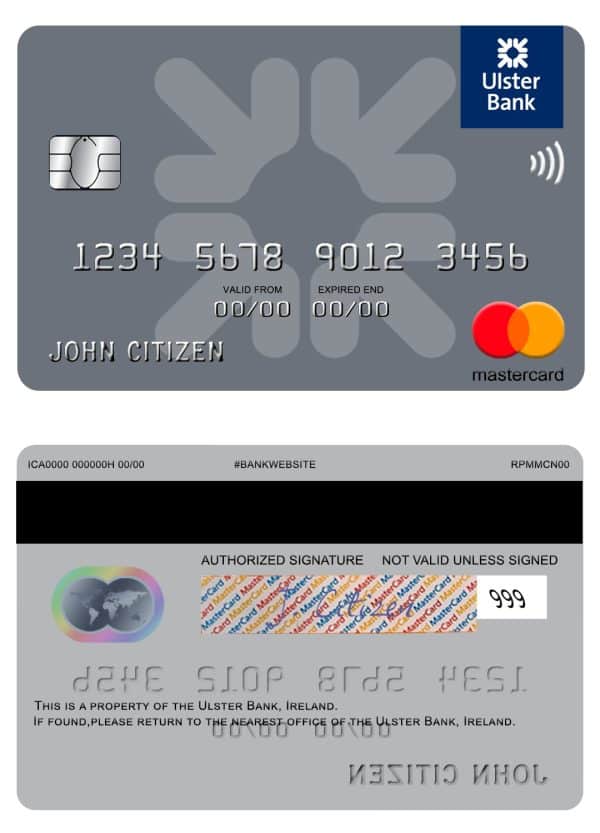 Editable Ireland Ulster Bank Ireland mastercard Templates in PSD Format
