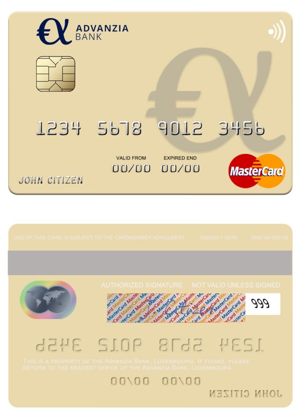 Editable Luxembourg Advanzia Bank mastercard credit card Templates 600x833 - Cart