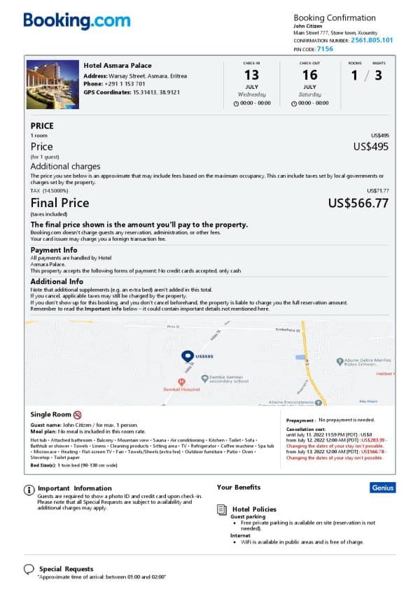 Editable Eritrea Hotel Booking Form Template | Fillable PDF