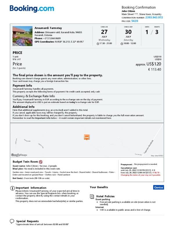 Editable Estonia Hotel Booking Form Template | Fillable PDF