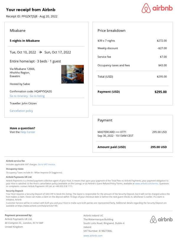 Editable Eswatini (Swaziland) Hotel Booking Form Template | Fillable PDF