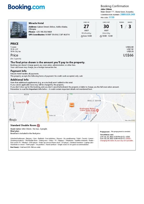 Editable Ethiopia Hotel Booking Form Template | Fillable PDF