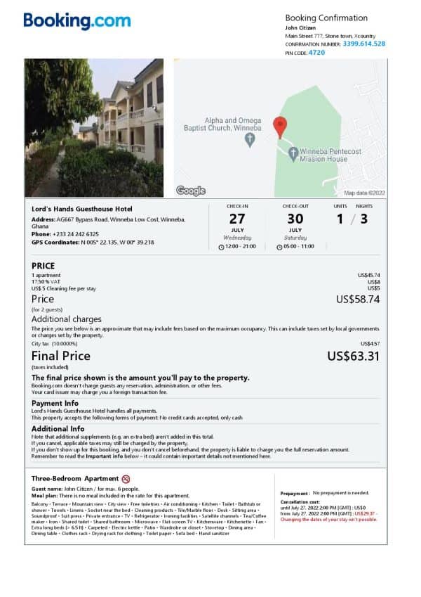 Editable Ghana Hotel Booking Form Template | Fillable PDF