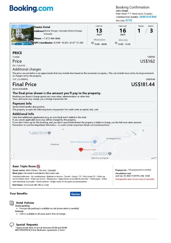 Editable Grenada Hotel Booking Form Template | Fillable PDF