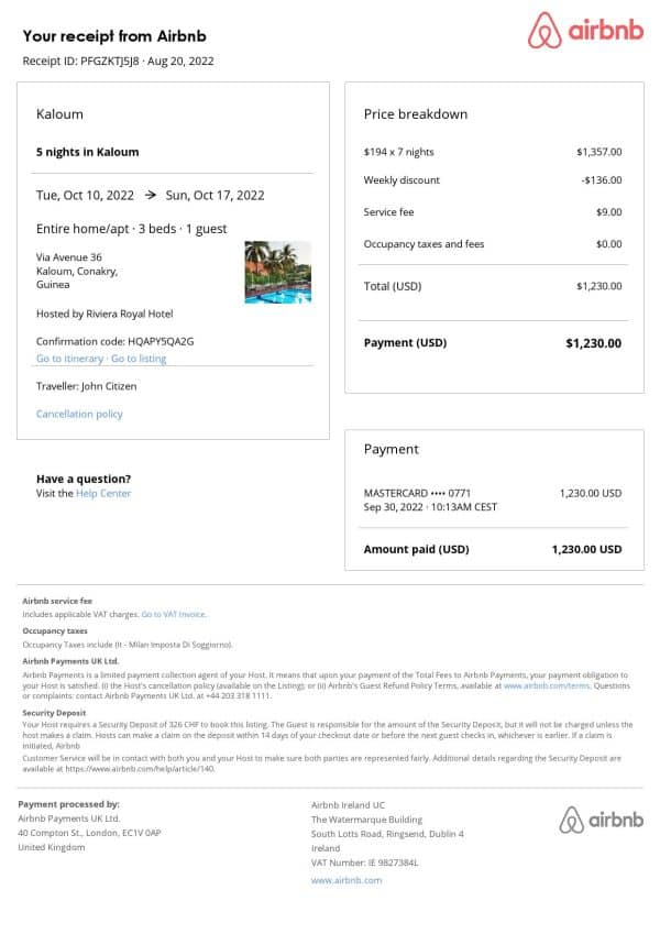 Editable Guinea Hotel Booking Form Template | Fillable PDF