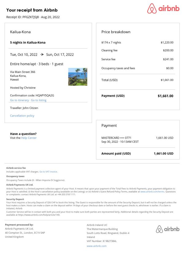 Hawaii Airbnb booking confirmation Word and PDF template