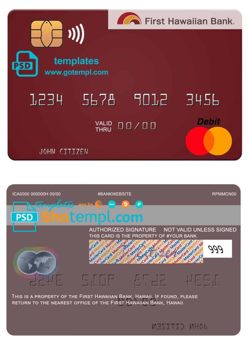 Editable Hawaii First Hawaiian Bank mastercard Templates in PSD Format