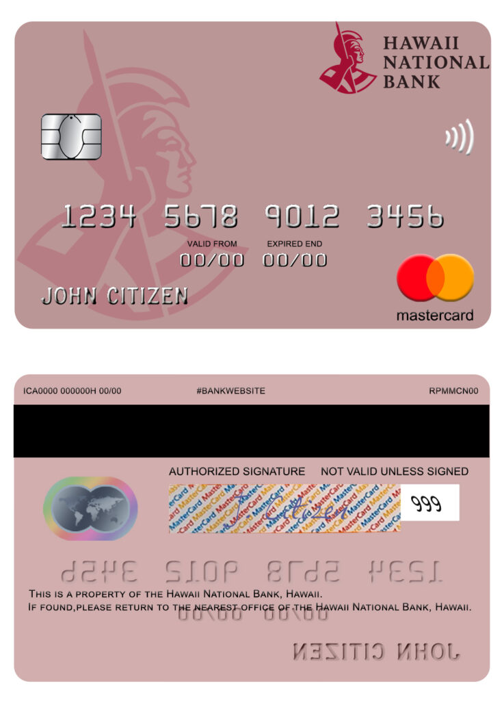 Editable Hawaii National Bank mastercard Templates