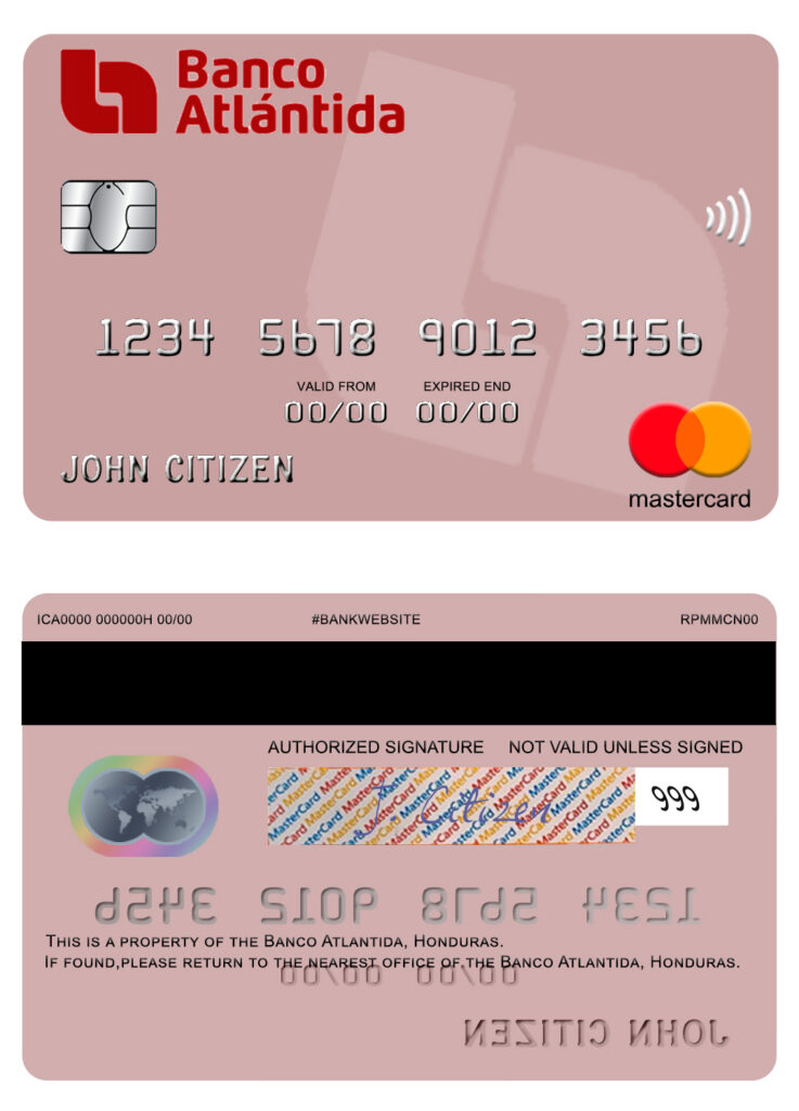 Editable Honduras Banco Atlantida mastercard Templates in PSD Format