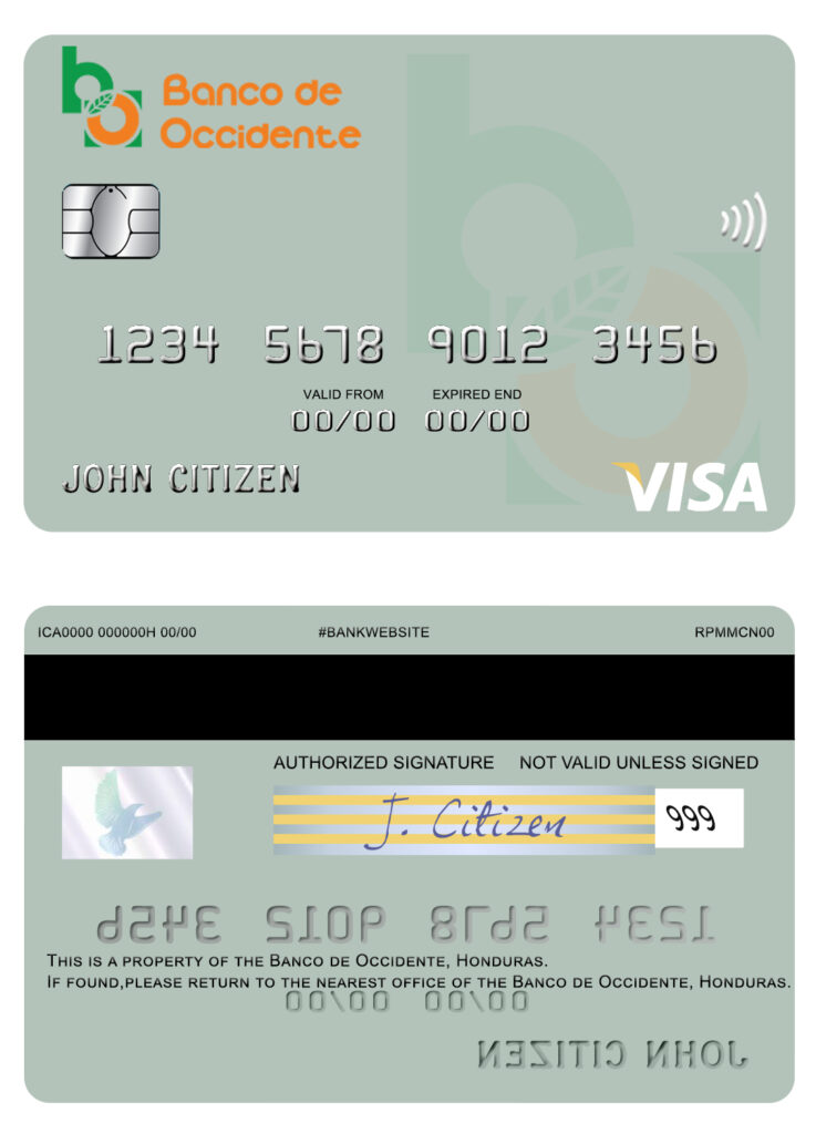Fillable Honduras Banco de Occidente visa card Templates | Layer-Based PSD
