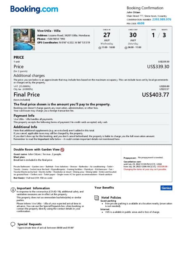 Editable Honduras Hotel Booking Form Template | Fillable PDF
