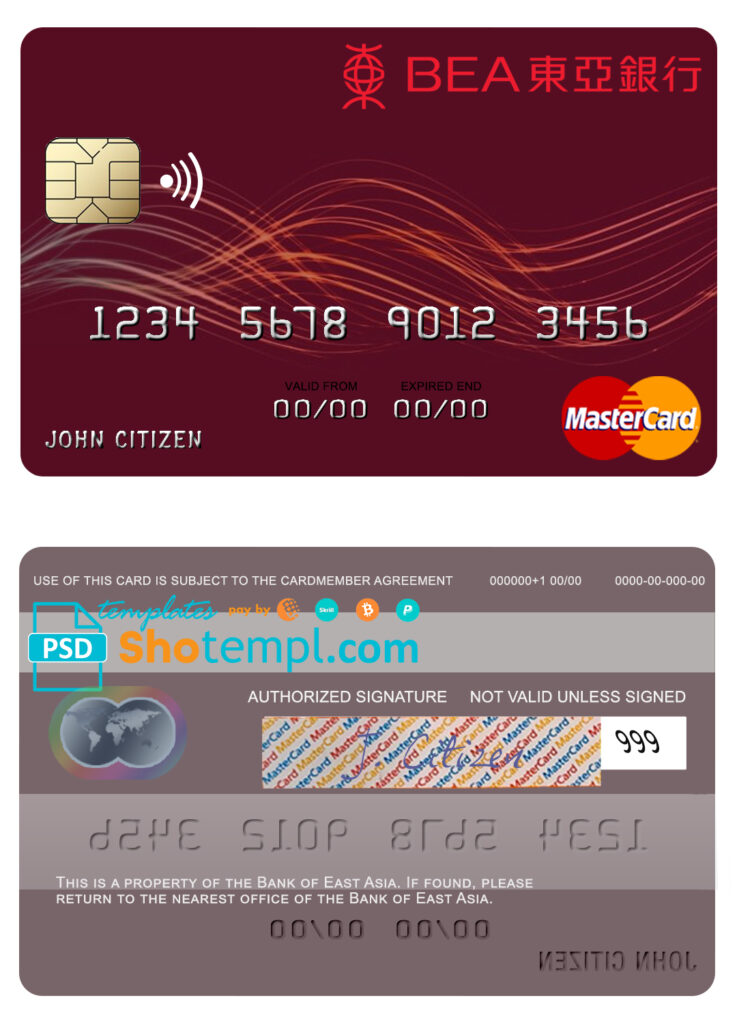 Fillable Hong Kong Bank of East Asia mastercard Templates | Layer-Based PSD