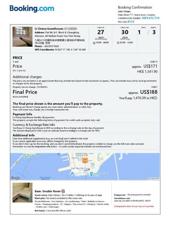 Editable Hong Kong Hotel Booking Form Template | Fillable PDF