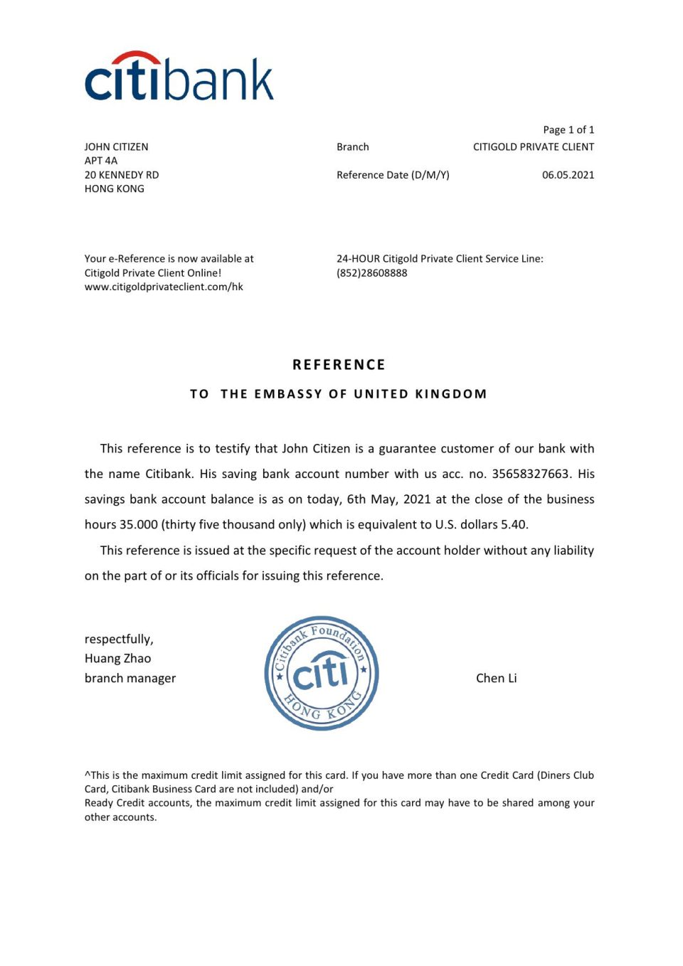 Download Hong Kong Citibank Bank Reference Letter Templates | Editable Word