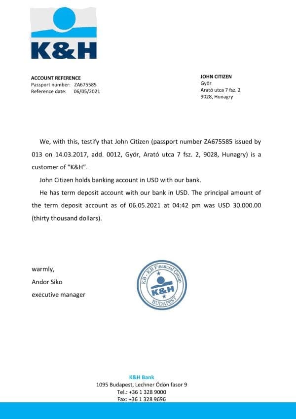 Download Hungary K&H Bank Reference Letter Templates | Editable Word