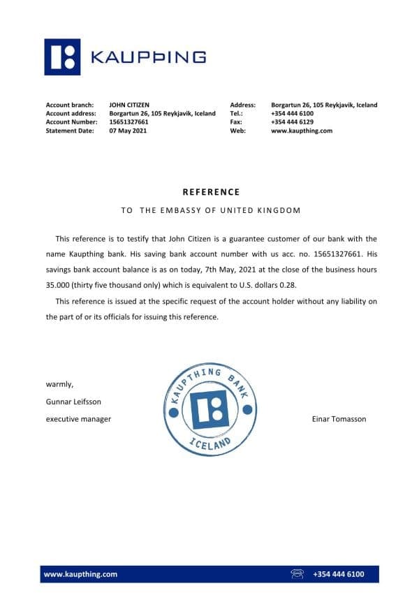 Download Iceland Kaupthing Bank Reference Letter Templates | Editable Word