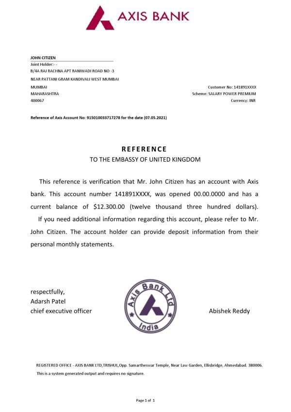 Download India Axis Bank Reference Letter Templates | Editable Word