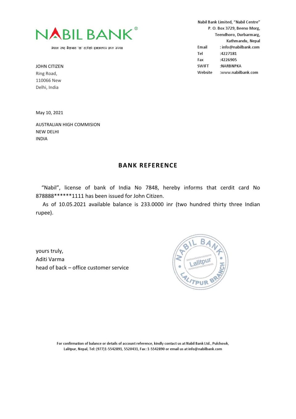Download India Nabil Bank Reference Letter Templates | Editable Word