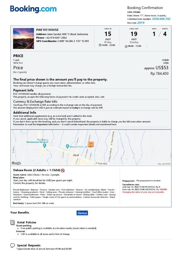 Editable Indonesia Hotel Booking Form Template | Fillable PDF