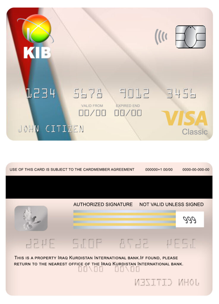 Editable Iraq Kurdistan International bank visa classic card Templates