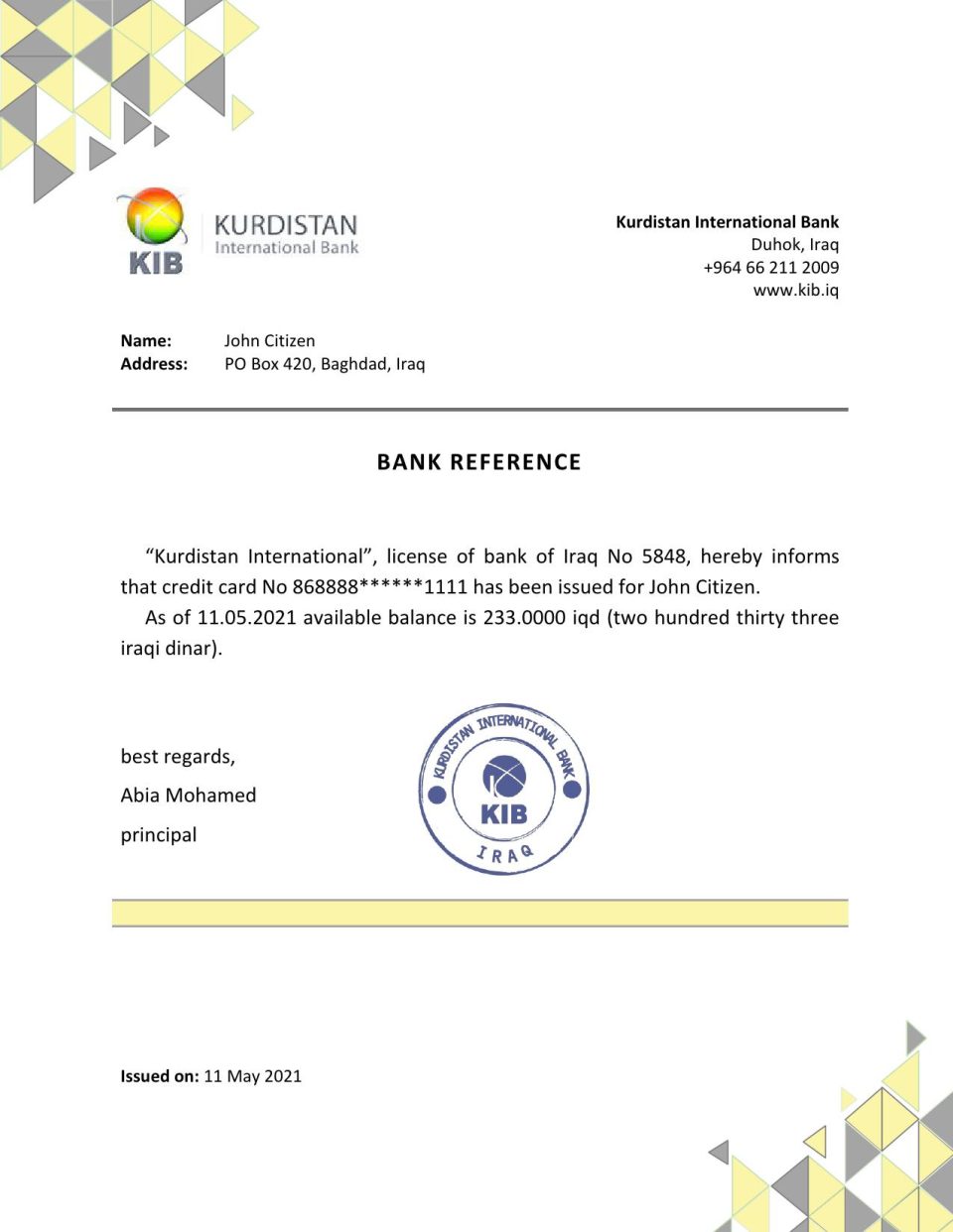 Download Iraq Kurdistan International Bank Reference Letter Templates | Editable Word