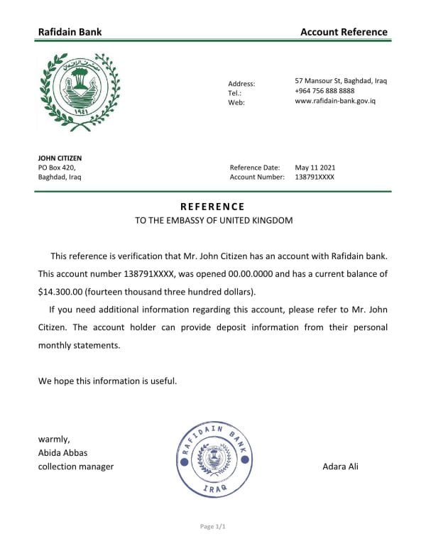 Download Iraq Rafidain Bank Reference Letter Templates | Editable Word